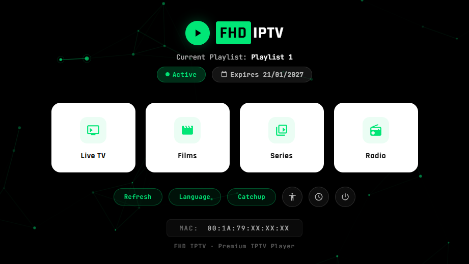 IPTV UK app interface — premium IPTV subscription player by FHD IPTV